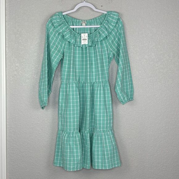 NEW J.CREW SIZE 4 Dress Mini Cotton Seersucker Ruffleneck Long Sleeve Green - Picture 2 of 7